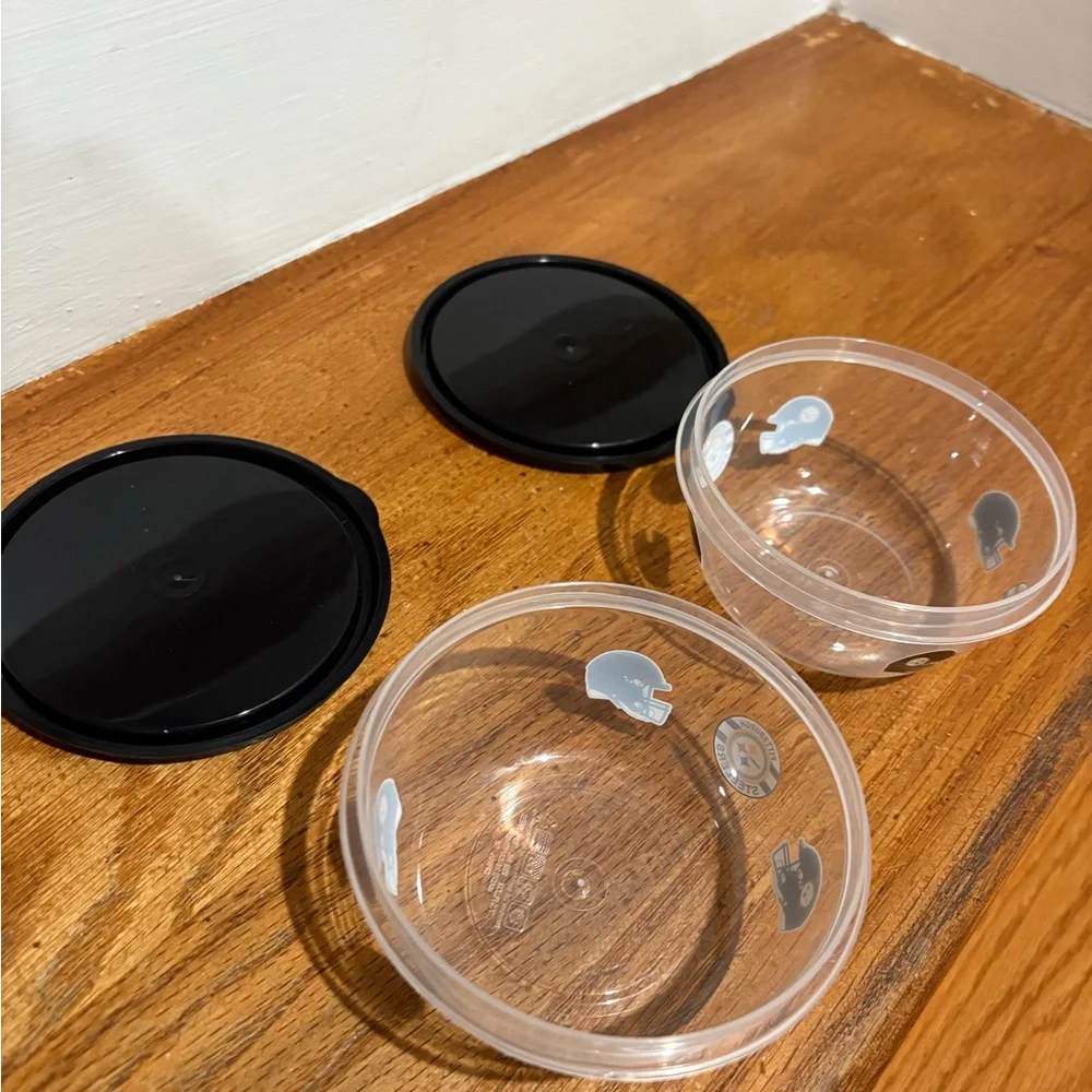 2 Pittsburgh Steelers Clear Small Snack Bowls with Black Lids